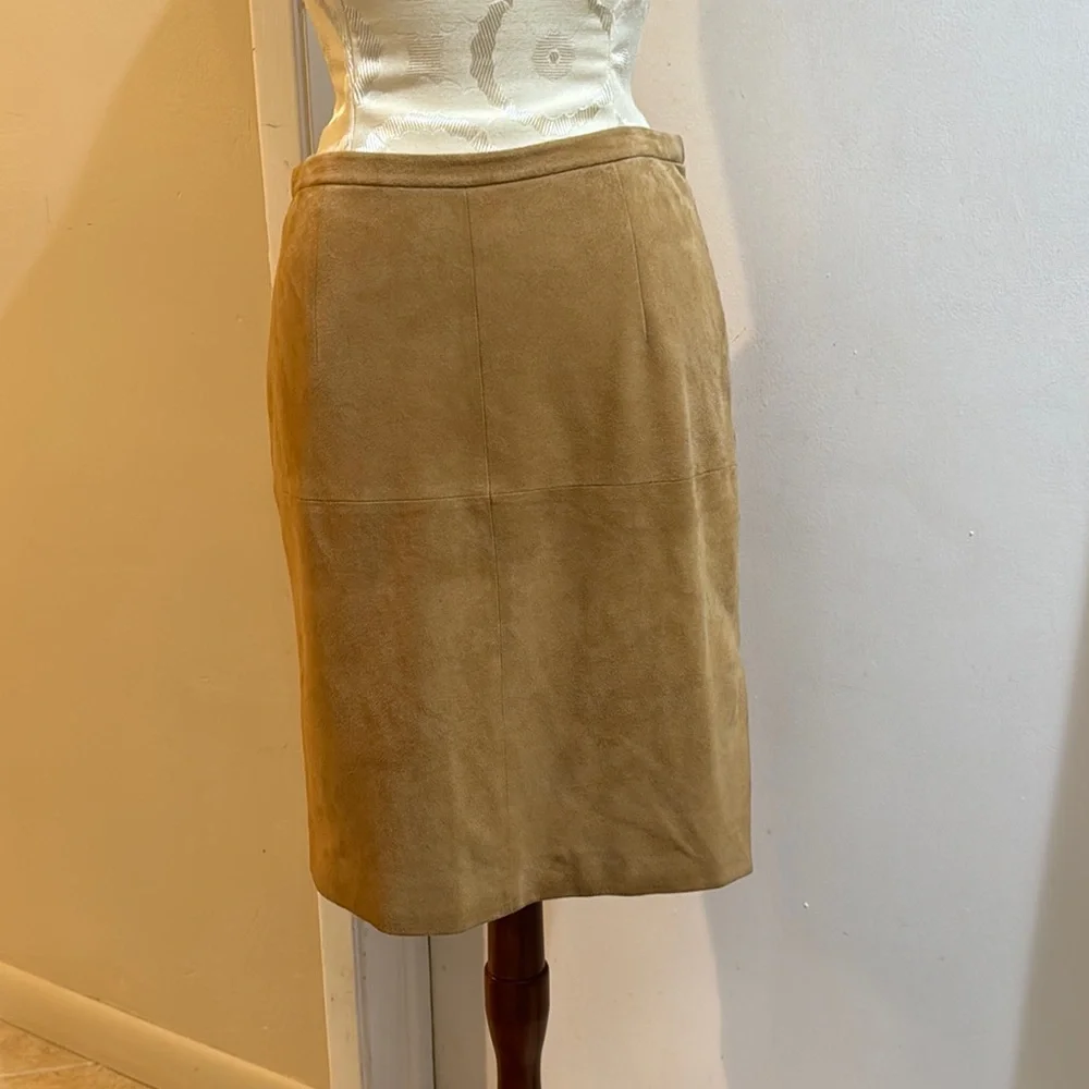 Shanghai Tang Suede Vintage Camel Lined Side Slit Zip Up Midi Skirt 6